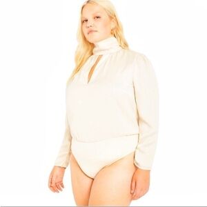 Eloquii Cream high neck long sleeve snap closure silky bodysuit